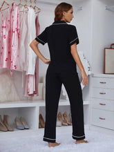 Load image into Gallery viewer, Womens Contrast Piping Lapel Collar Short Sleeve Top and Pants Pajama Set