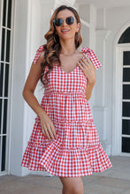 Load image into Gallery viewer, Plaid Tie Shoulder Frill Trim Tiered Dress