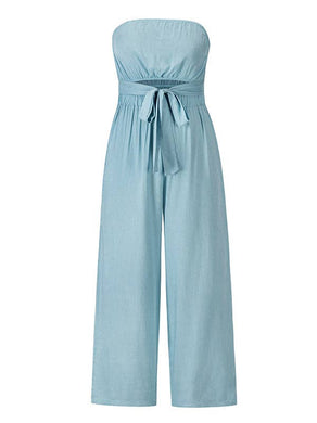 Original Cold Shoulder Tied Solid Color Straight Leg Jumpsuits: LIGHT BLUE / S