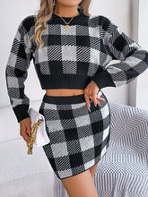 Load image into Gallery viewer, Plaid Round Neck Top and Skirt Sweater Set