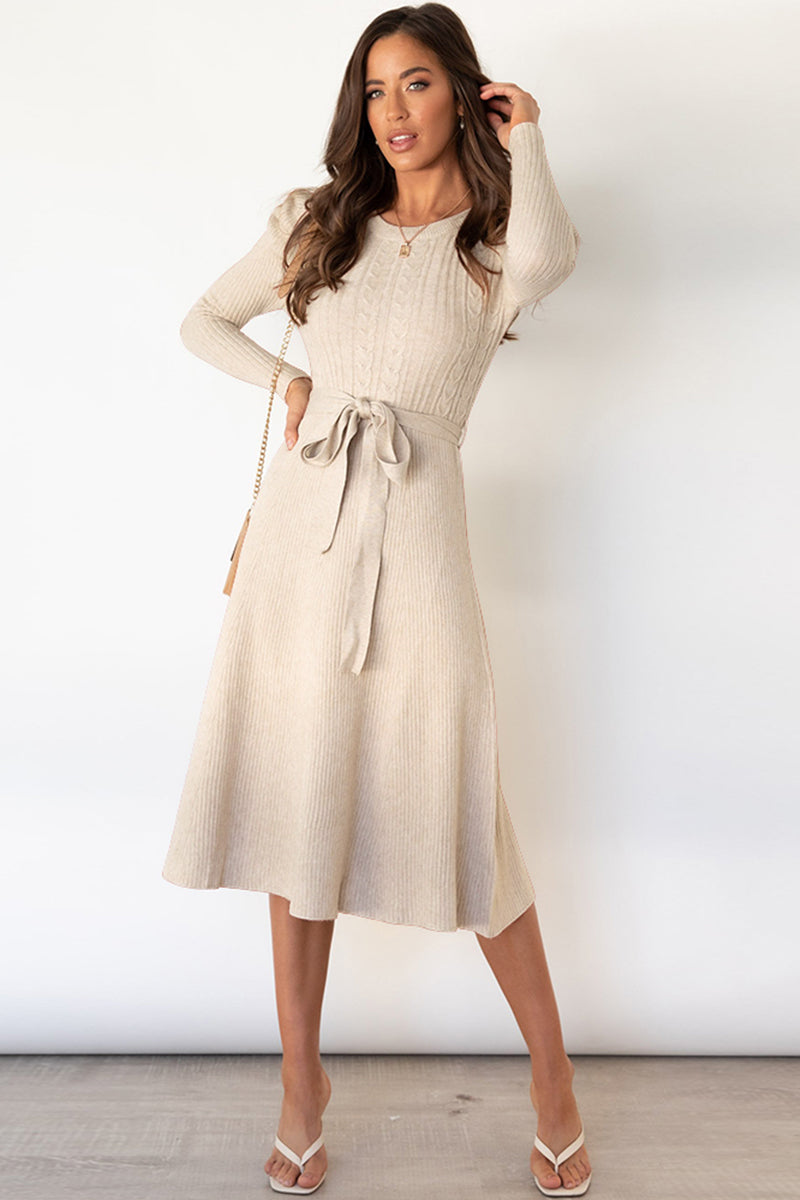 Sample Round Neck Long Sleeve Tie Waist Sweater Dress