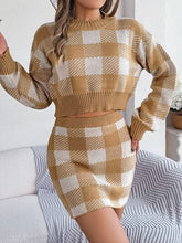 Load image into Gallery viewer, Plaid Round Neck Top and Skirt Sweater Set