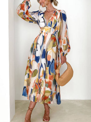 Mottled Floral Balloon Sleeve Maxi Dress: Blue / L