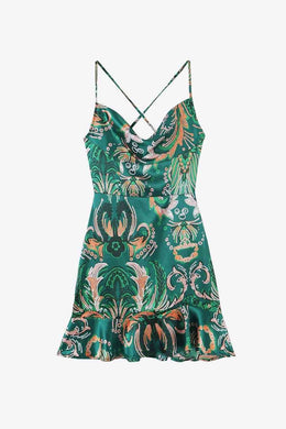 Printed Cowl Neck Ruffle Hem Dress (in stock in store)