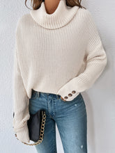 Load image into Gallery viewer, Woven Right Decorative Button Turtleneck Dropped Shoulder Sweater