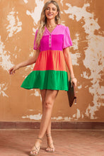 Load image into Gallery viewer, Color Block Buttoned Puff Sleeve Dress