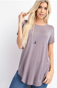 Round neckline shirt sleeve high low top