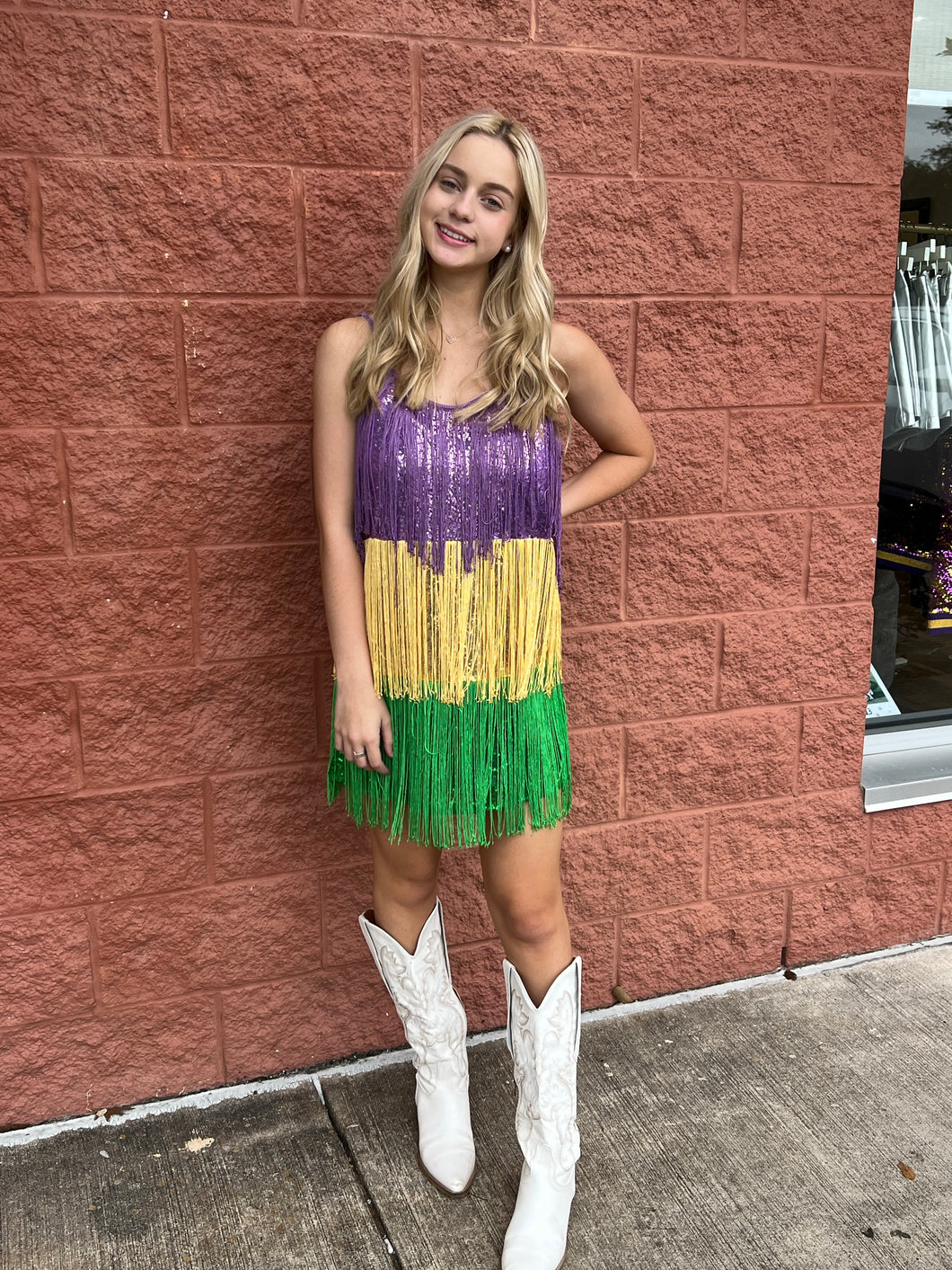 Mardi Gras tiered sequin dress with fringe