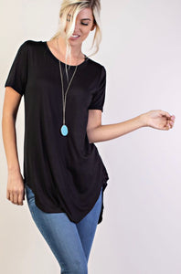 Round neckline shirt sleeve high low top