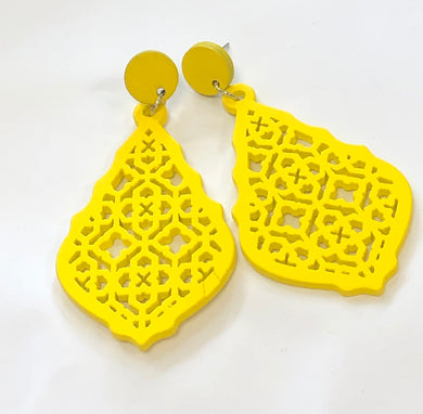 Yellow and Purple Wooden Laser Etched Lattice Teardrop Earrings